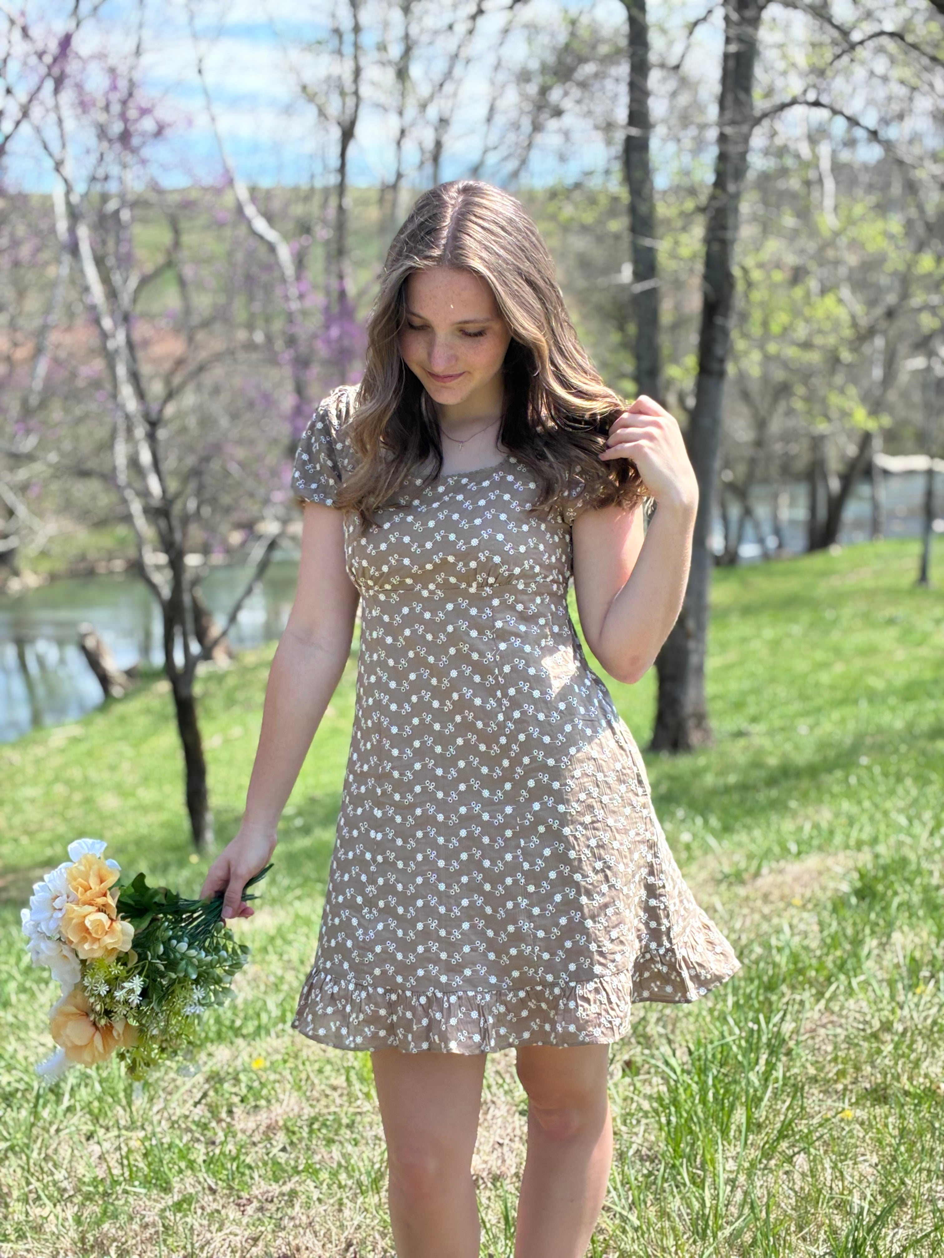 Toasted Petal Embroidered Babydoll Dress