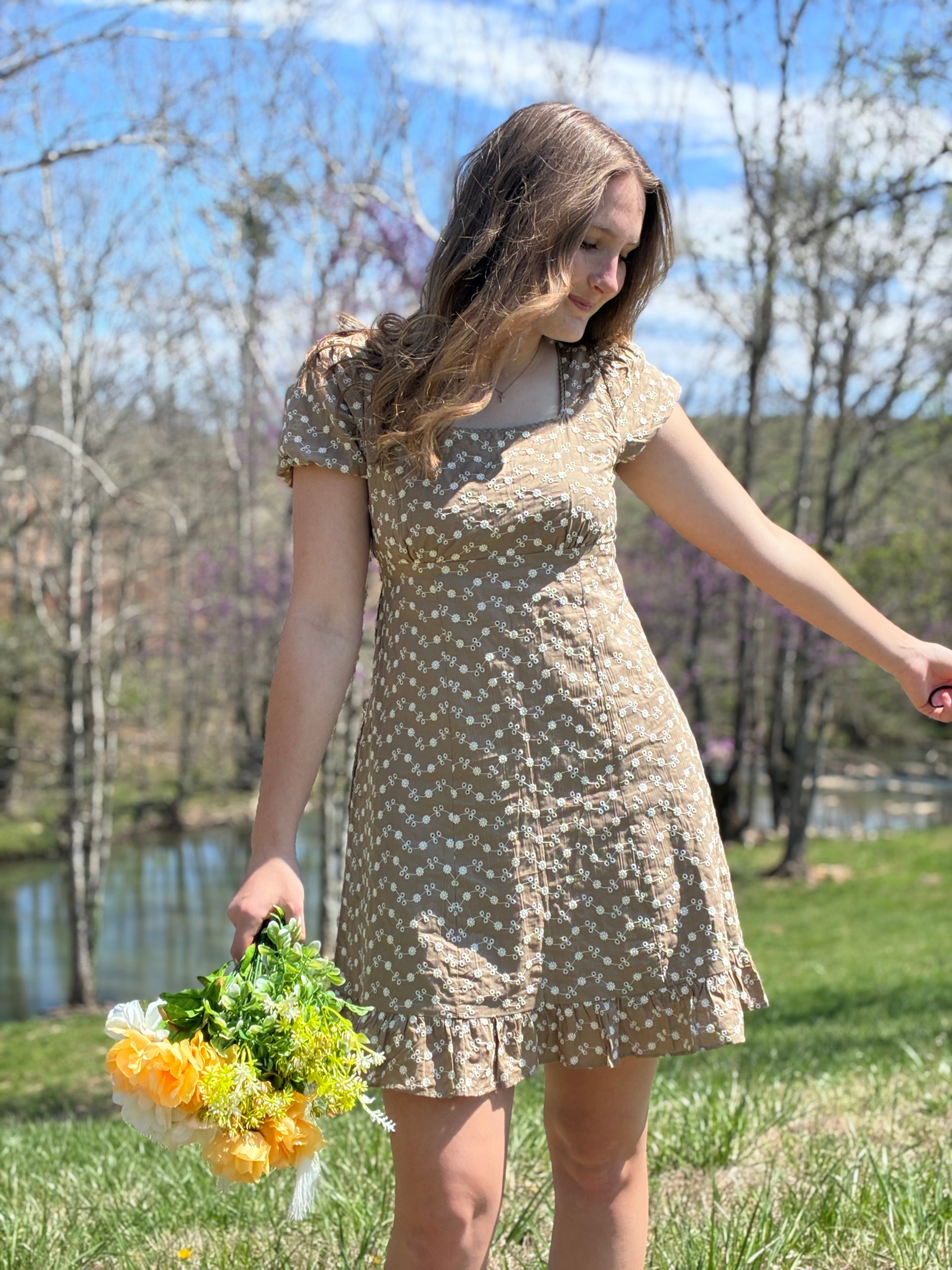 Toasted Petal Embroidered Babydoll Dress