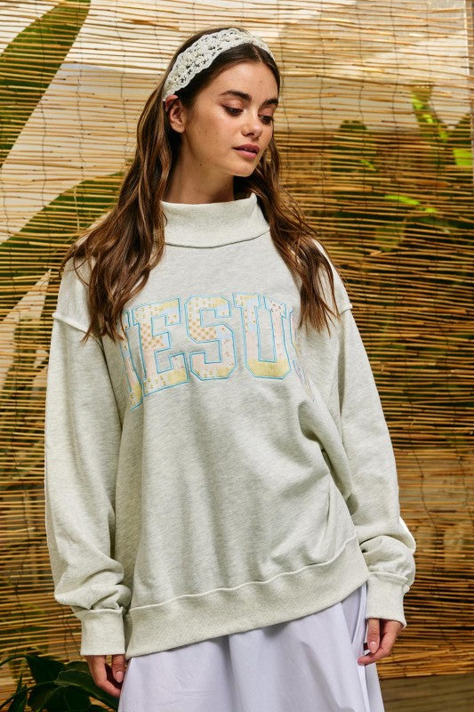 Floral Jesus Embroidered Mock Neck Sweatshirt
