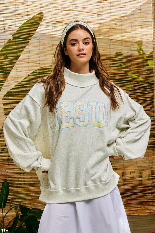 Floral Jesus Embroidered Mock Neck Sweatshirt