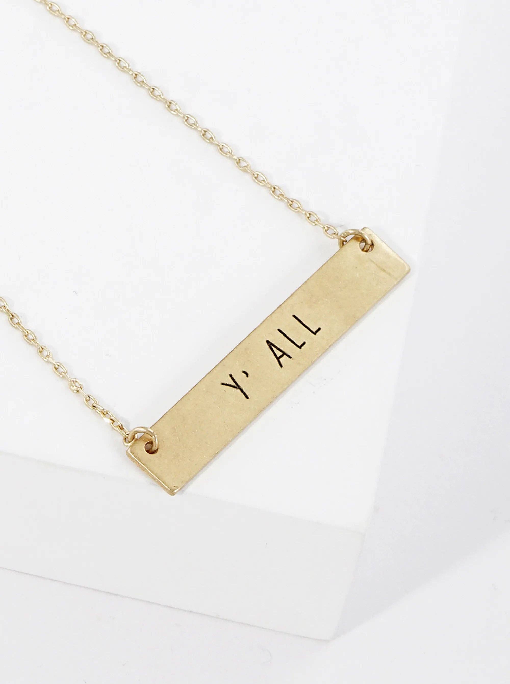Y’all Engraved Horizontal Bar Pendant Necklace