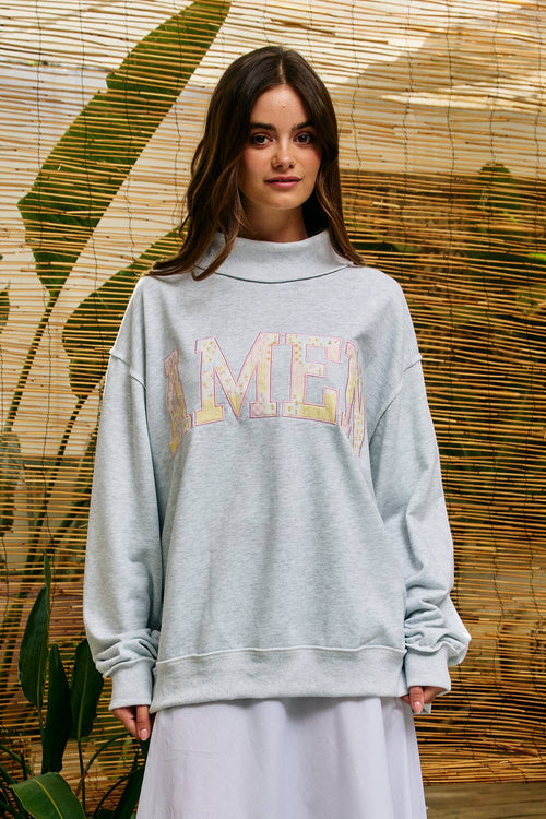 'AMEN' Patchwork Mock Neck Sweatshirt