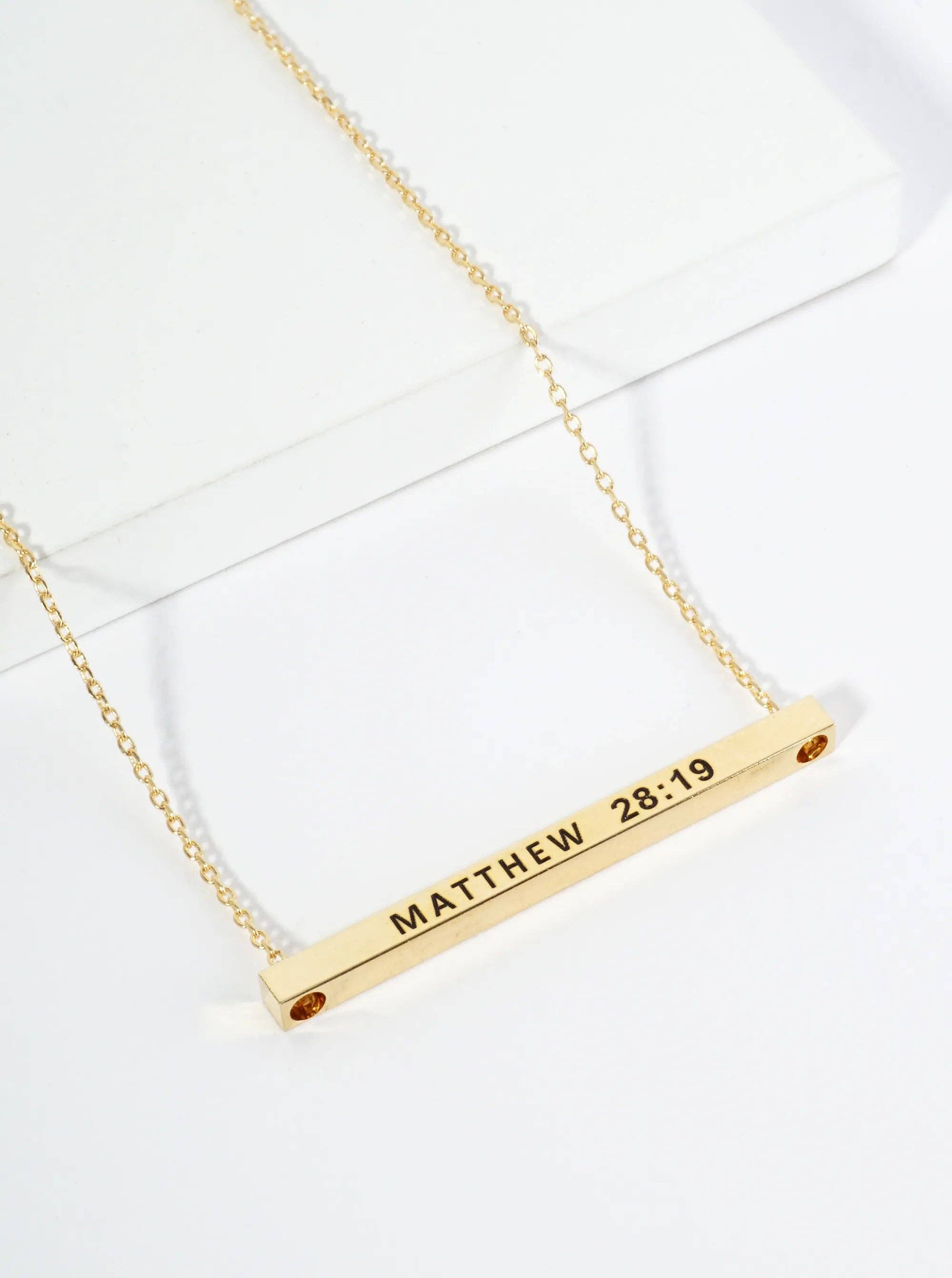 Matthew 28:19 Engraved 18K Gold Dipped Brass Bar Necklace